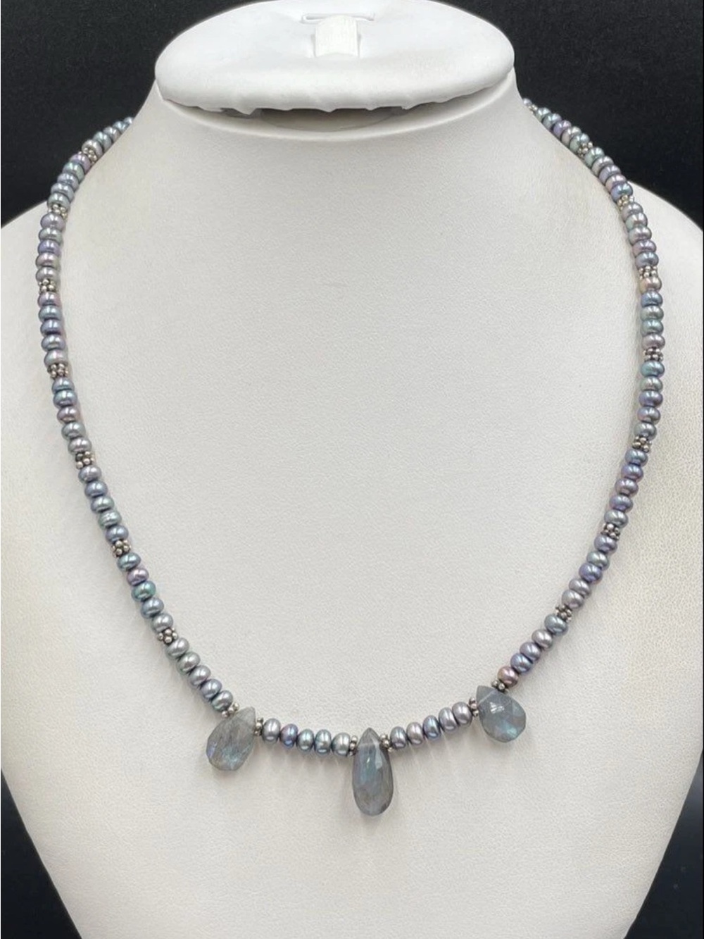 925 Sterling Silver Grey Pearl & Labradorite Teardrop Necklace 17.25" 17g